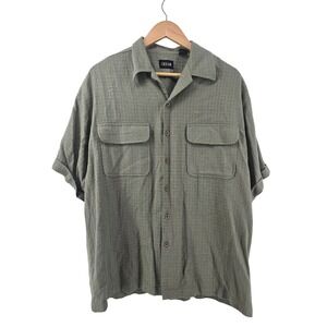 Cezar Button Up Shirt Mens M Green 100% Silk Textured Short Sleeve Camp Pockets